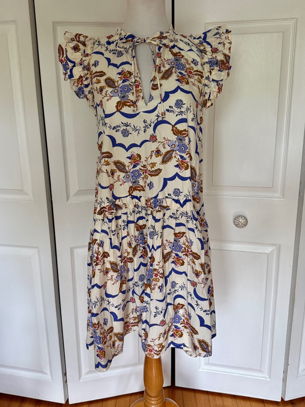 Caroline Constas Cream Dress with Blue and Brown Floral Print (Cleo Print) S